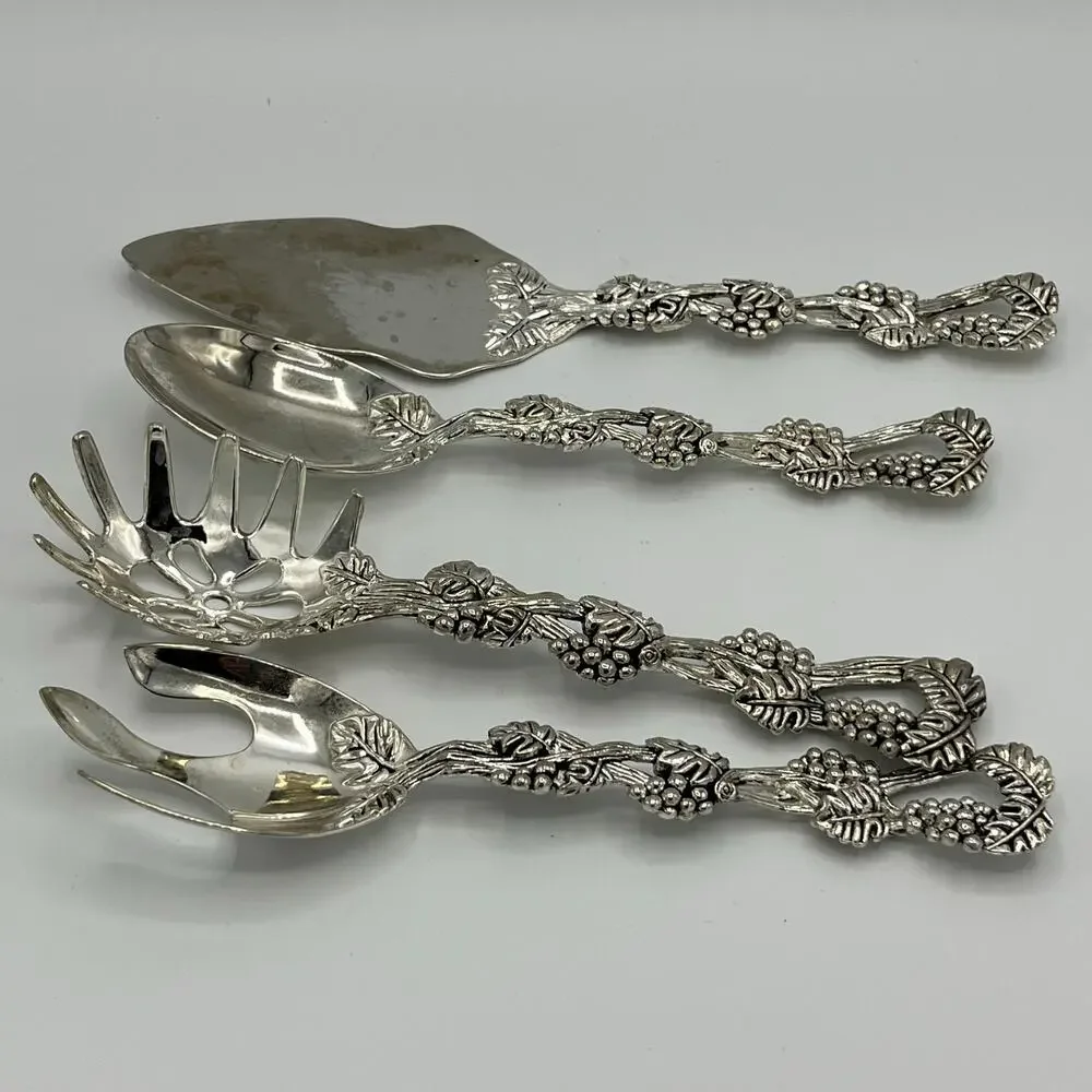 Vtg Godinger Silver Plated Footed Bowl & Set of 4 Serving Utensils Grape Pattern